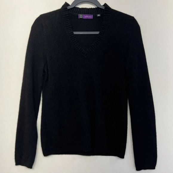 Saks Fifth Avenue 100% Cashmere Black Sweater V Neck Ruffle - Picture 1 of 6